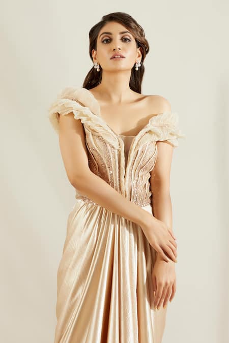 Buy Adaara Couture Beige Net, Sandwash Fabric V Neck Embellished Saree Gown Online at Aza Fashions Buy_Adaara Couture_Beige Net, Sandwash Fabric V Neck Embellished Saree Gown _Online_at_Aza_Fashions