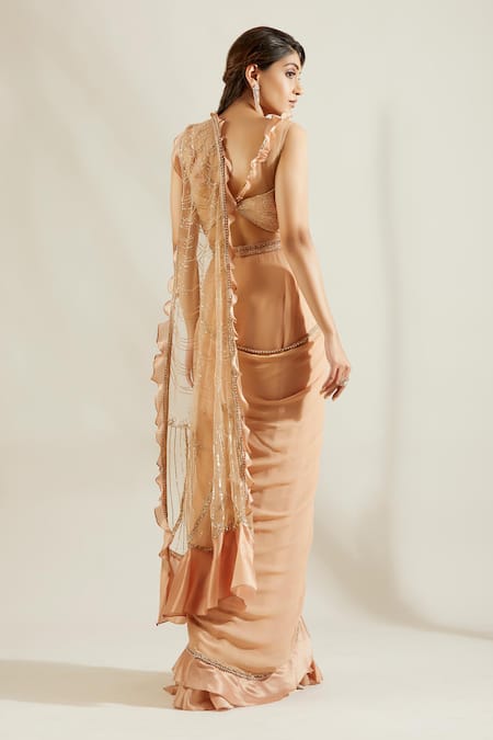 Shop Adaara Couture Gold Raw Silk, Georgette V Neck Embellished Pre-draped Saree With Blouse at Aza Fashions Shop_Adaara Couture_Gold Raw Silk, Georgette V Neck Embellished Pre-draped Saree With Blouse _at_Aza_Fashions