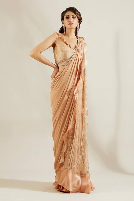 Adaara Couture Gold Raw Silk, Georgette V Neck Embellished Pre-draped Saree With Blouse Online at Aza Fashions Adaara Couture_Gold Raw Silk, Georgette V Neck Embellished Pre-draped Saree With Blouse _Online_at_Aza_Fashions