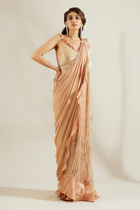 Buy Adaara Couture Gold Raw Silk, Georgette V Neck Embellished Pre-draped Saree With Blouse Online at Aza Fashions Buy_Adaara Couture_Gold Raw Silk, Georgette V Neck Embellished Pre-draped Saree With Blouse _Online_at_Aza_Fashions