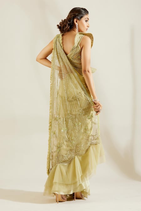 Shop Adaara Couture Green Raw Silk, Georgette Asymmetric Embellished Pre-draped Saree With Blouse at Aza Fashions Shop_Adaara Couture_Green Raw Silk, Georgette Asymmetric Embellished Pre-draped Saree With Blouse _at_Aza_Fashions