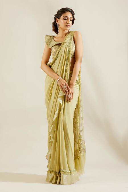 Adaara Couture Green Raw Silk, Georgette Asymmetric Embellished Pre-draped Saree With Blouse Online at Aza Fashions Adaara Couture_Green Raw Silk, Georgette Asymmetric Embellished Pre-draped Saree With Blouse _Online_at_Aza_Fashions
