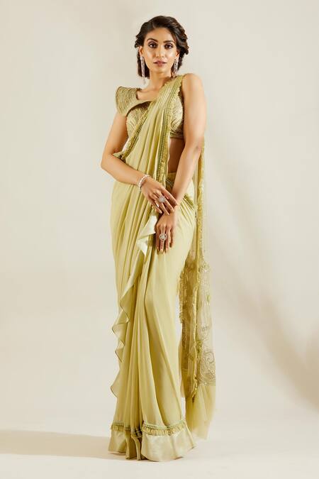 Buy Adaara Couture Green Raw Silk, Georgette Asymmetric Embellished Pre-draped Saree With Blouse Online at Aza Fashions Buy_Adaara Couture_Green Raw Silk, Georgette Asymmetric Embellished Pre-draped Saree With Blouse _Online_at_Aza_Fashions