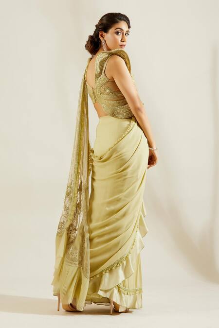 Shop Adaara Couture Green Raw Silk, Georgette Asymmetric Embellished Pre-draped Saree With Blouse Online at Aza Fashions Shop_Adaara Couture_Green Raw Silk, Georgette Asymmetric Embellished Pre-draped Saree With Blouse _Online_at_Aza_Fashions