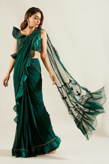 Adaara Couture Green Raw Silk Asymmetric Embellished Pre-draped Saree With Blouse 