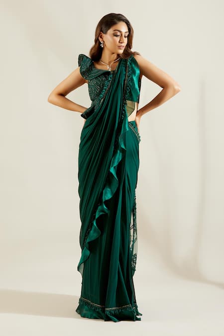 Adaara Couture Green Raw Silk, Georgette Asymmetric Embellished Pre-draped Saree With Blouse Online at Aza Fashions Adaara Couture_Green Raw Silk, Georgette Asymmetric Embellished Pre-draped Saree With Blouse _Online_at_Aza_Fashions