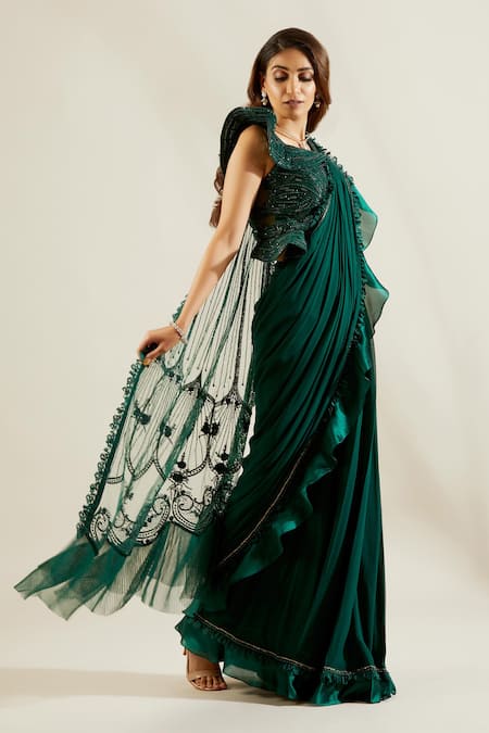 Buy Adaara Couture Green Raw Silk, Georgette Asymmetric Embellished Pre-draped Saree With Blouse Online at Aza Fashions Buy_Adaara Couture_Green Raw Silk, Georgette Asymmetric Embellished Pre-draped Saree With Blouse _Online_at_Aza_Fashions