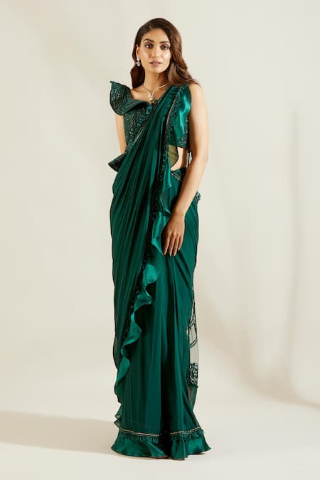 Shop Adaara Couture Green Raw Silk, Georgette Asymmetric Embellished Pre-draped Saree With Blouse Online at Aza Fashions Shop_Adaara Couture_Green Raw Silk, Georgette Asymmetric Embellished Pre-draped Saree With Blouse _Online_at_Aza_Fashions