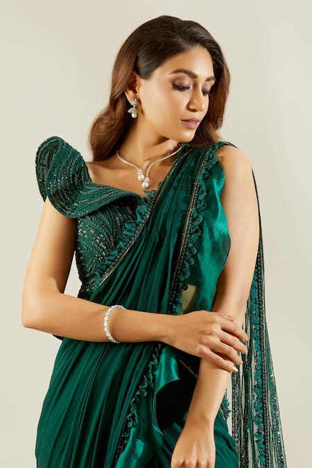 Adaara Couture Green Raw Silk, Georgette Asymmetric Embellished Pre-draped Saree With Blouse at Aza Fashions Adaara Couture_Green Raw Silk, Georgette Asymmetric Embellished Pre-draped Saree With Blouse _at_Aza_Fashions