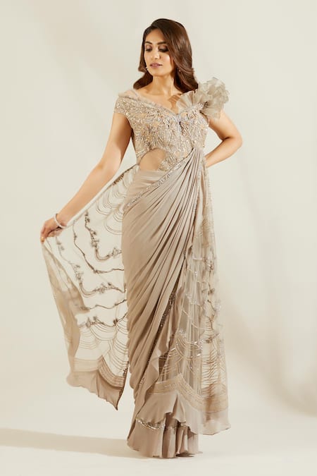 Indowestern Pre Stitched Saree Gown with Shrug | Bridal Fusion Fashion