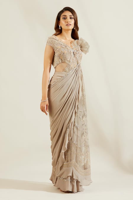 Adaara Couture_Grey Raw Silk Asymmetric Embellished Saree Gown _Online_at_Aza_Fashions