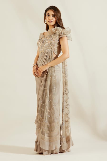 Shop_Adaara Couture_Grey Raw Silk Asymmetric Embellished Saree Gown _Online_at_Aza_Fashions