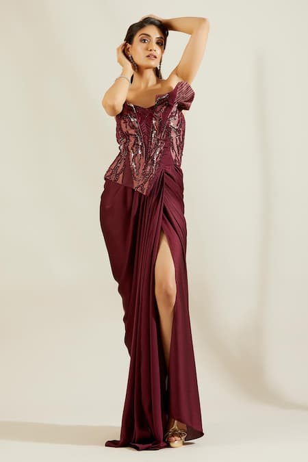 Adaara Couture Maroon Net, Sandwash Satin Asymmetric Embellished Saree Gown Online at Aza Fashions Adaara Couture_Maroon Net, Sandwash Satin Asymmetric Embellished Saree Gown _Online_at_Aza_Fashions