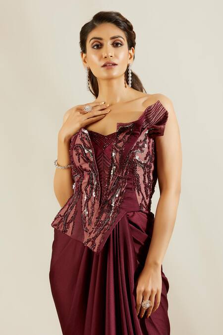 Shop Adaara Couture Maroon Net, Sandwash Satin Asymmetric Embellished Saree Gown Online at Aza Fashions Shop_Adaara Couture_Maroon Net, Sandwash Satin Asymmetric Embellished Saree Gown _Online_at_Aza_Fashions