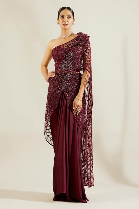 Amazon.com: Gorgeous Indian Deep Red Bollywood Drape saree gown pre  stitched pleats : Handmade Products