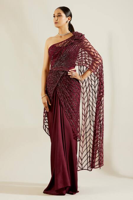 Adaara Couture Maroon Net, Sandwash Satin Asymmetric Embellished One Shoulder Saree Gown Online at Aza Fashions Adaara Couture_Maroon Net, Sandwash Satin Asymmetric Embellished One Shoulder Saree Gown _Online_at_Aza_Fashions
