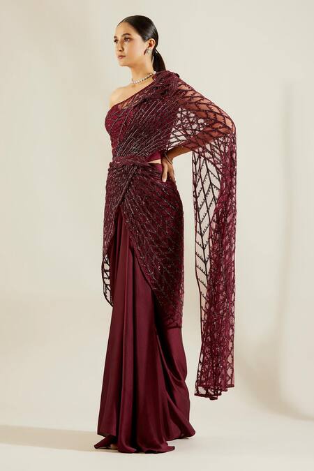 Buy Adaara Couture Maroon Net, Sandwash Satin Asymmetric Embellished One Shoulder Saree Gown Online at Aza Fashions Buy_Adaara Couture_Maroon Net, Sandwash Satin Asymmetric Embellished One Shoulder Saree Gown _Online_at_Aza_Fashions