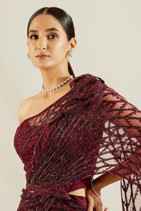 Shop Adaara Couture Maroon Net, Sandwash Satin Asymmetric Embellished One Shoulder Saree Gown Online at Aza Fashions Shop_Adaara Couture_Maroon Net, Sandwash Satin Asymmetric Embellished One Shoulder Saree Gown _Online_at_Aza_Fashions