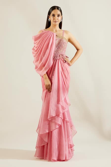 Buy_Adaara Couture_Pink Organza Asymmetric Embellished Saree Gown _Online_at_Aza_Fashions