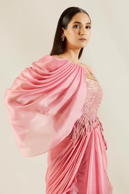 Shop_Adaara Couture_Pink Organza Asymmetric Embellished Saree Gown _Online_at_Aza_Fashions