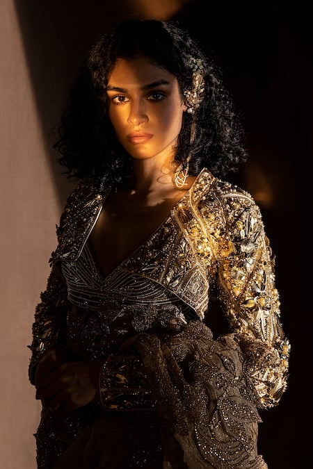 Shop_Abhishek Sharma_Beige Silk Chanderi Metal Thread, Molten Leaf And Pearl Embroidered Saree Set_Online_at_Aza_Fashions