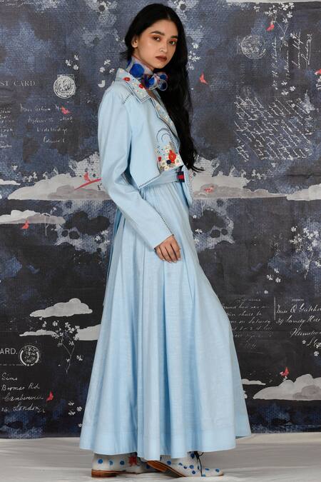 Jajaabor_Blue Handloom Cotton Angrakha And Pant Set_Online_at_Aza_Fashions