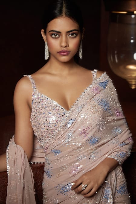 Seema Gujral_Pink Georgette V Neck Sequin Embellished Saree With Blouse _Online_at_Aza_Fashions