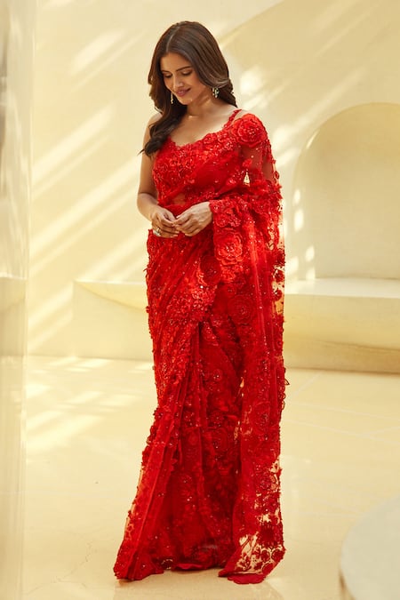 Seema Gujral Red Net Embroidered Floral V Neck Saree With Blouse 