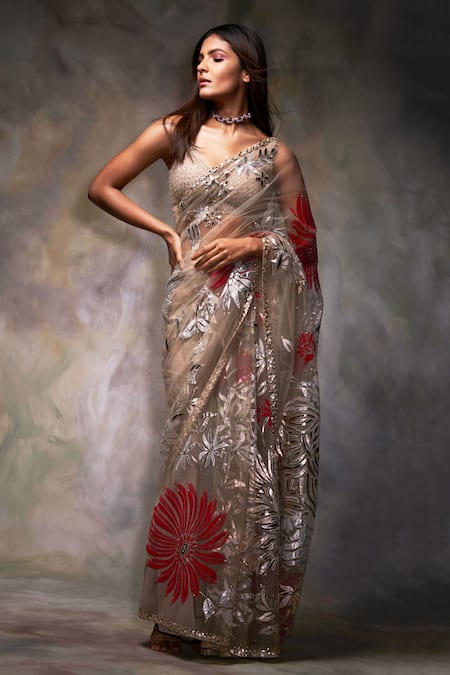 Seema Gujral Metallic Applique Saree with Blouse 