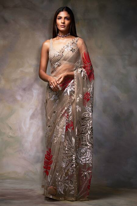 Seema Gujral_Beige Net V Neck Metallic Applique Saree With Blouse_Online_at_Aza_Fashions