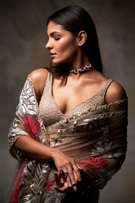 Buy_Seema Gujral_Beige Net V Neck Metallic Applique Saree With Blouse_Online_at_Aza_Fashions