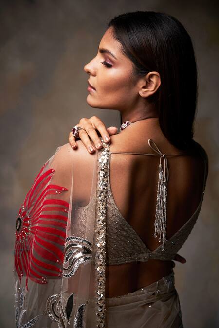 Shop_Seema Gujral_Beige Net V Neck Metallic Applique Saree With Blouse_Online_at_Aza_Fashions