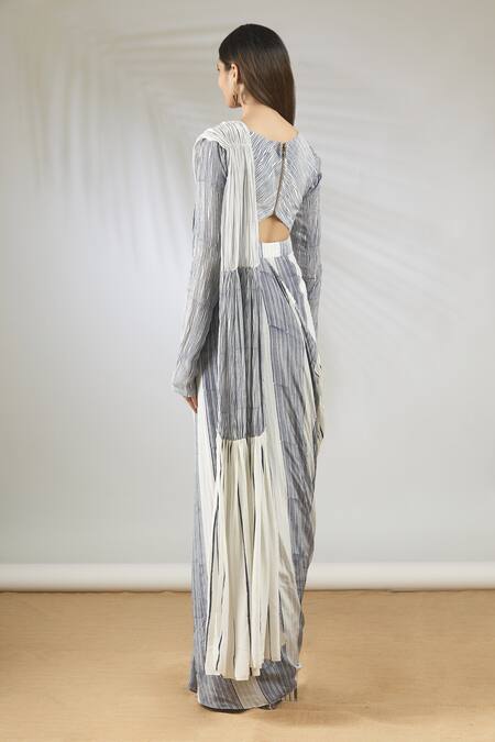 Shop_Vedika M_Blue Crepe Square Neck Pre-draped Saree With Blouse_at_Aza_Fashions