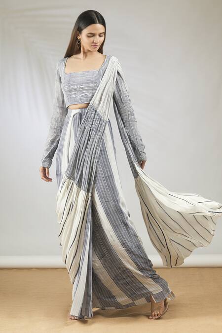 Vedika M_Blue Crepe Square Neck Pre-draped Saree With Blouse_Online_at_Aza_Fashions