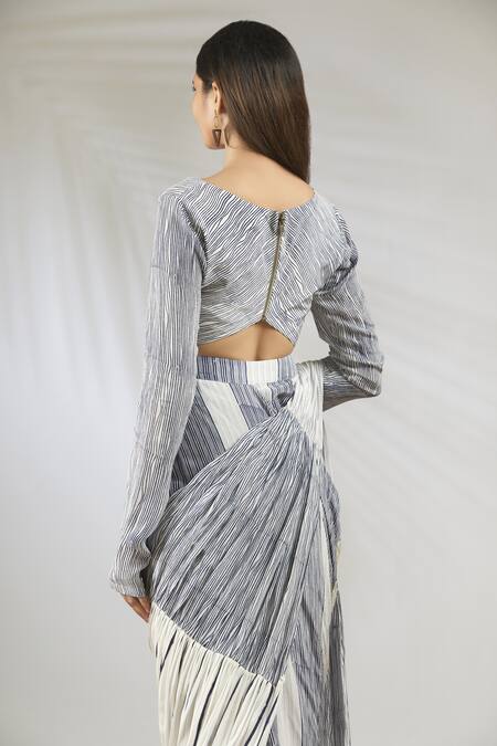 Shop_Vedika M_Blue Crepe Square Neck Pre-draped Saree With Blouse_Online_at_Aza_Fashions