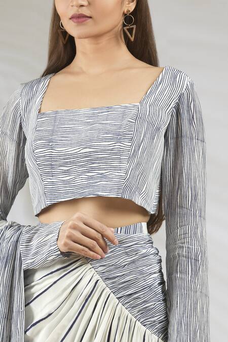 Vedika M_Blue Crepe Square Neck Pre-draped Saree With Blouse_at_Aza_Fashions