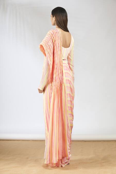 Shop_Vedika M_Peach Crepe Pre-draped Saree With Blouse_at_Aza_Fashions