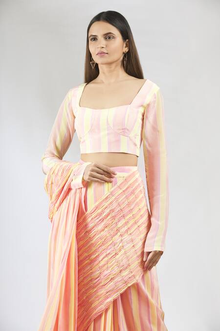 Buy_Vedika M_Peach Crepe Pre-draped Saree With Blouse_Online_at_Aza_Fashions