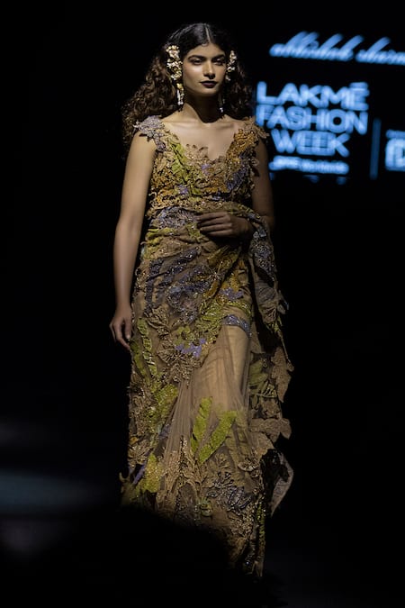 Abhishek Sharma Multi Color Net Metal Thread And Cutdana Work Deep Embroidered Saree With Blouse Online at Aza Fashions Abhishek Sharma_Multi Color Net Metal Thread And Cutdana Work Deep Embroidered Saree With Blouse_Online_at_Aza_Fashions