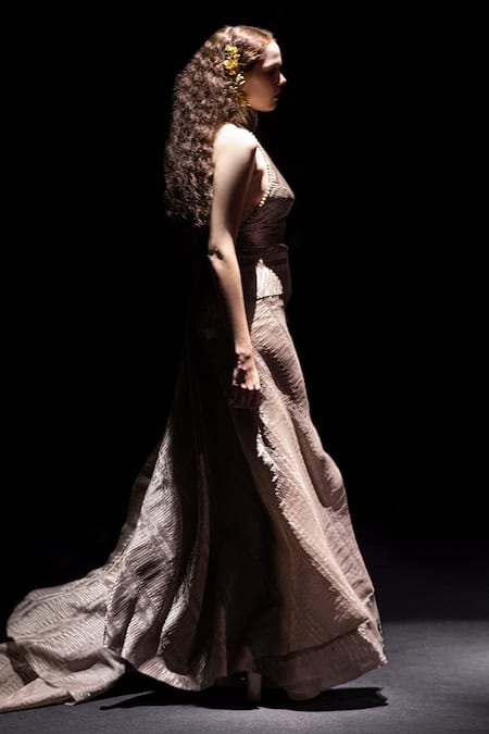 Abhishek Sharma_Beige Lame Textured And Embellished Heat Pleated & Saree With Blouse  _Online_at_Aza_Fashions