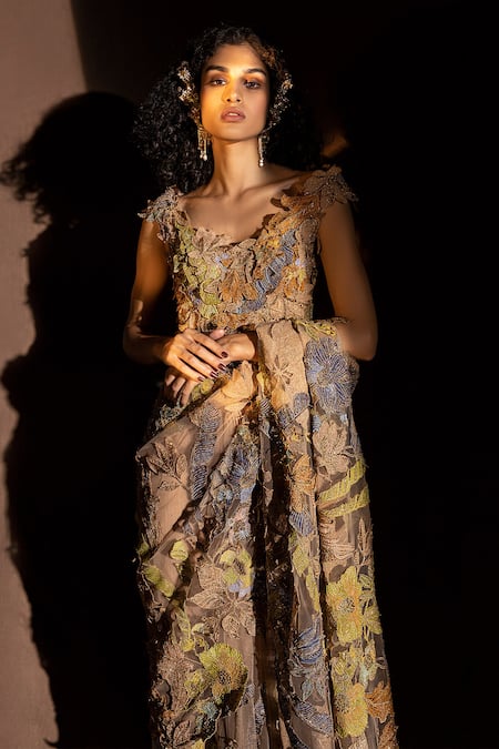 Shop Abhishek Sharma Multi Color Net Metal Thread And Cutdana Work Deep Embroidered Saree With Blouse Online at Aza Fashions Shop_Abhishek Sharma_Multi Color Net Metal Thread And Cutdana Work Deep Embroidered Saree With Blouse_Online_at_Aza_Fashions