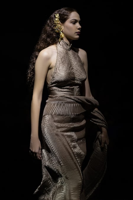 Shop_Abhishek Sharma_Beige Lame Textured And Embellished Heat Pleated & Saree With Blouse  _Online_at_Aza_Fashions