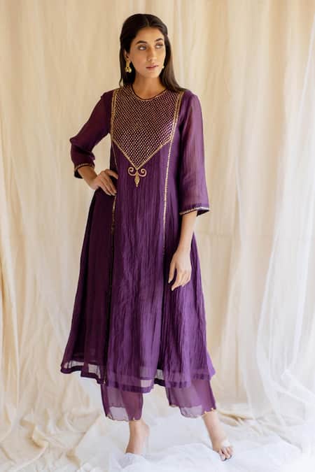 Buy_Nirjara_Purple Kurta Chanderi  Pant Organza Round And Set_Online_at_Aza_Fashions