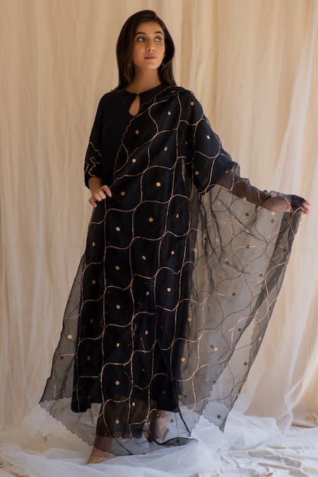 Nirjara_Black Crepe Tissue Silk Embroidered Dupatta_Online_at_Aza_Fashions