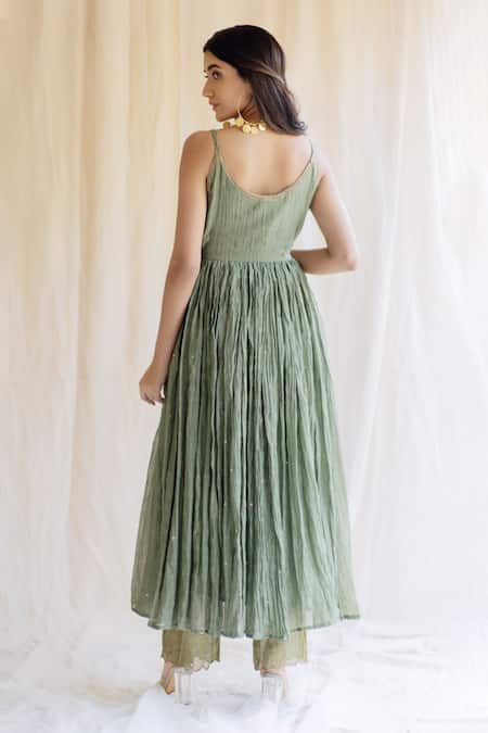 Shop Nirjara Green Kurta Silk Pant Tissue V Neck Anarkali And Set at Aza Fashions Shop_Nirjara_Green Kurta Silk Pant Tissue V Neck Anarkali And Set_at_Aza_Fashions