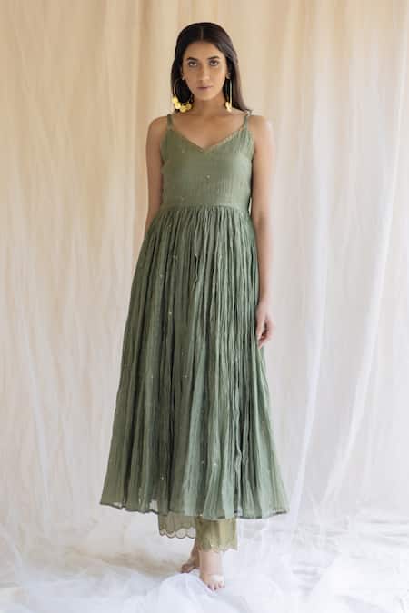 Nirjara Green Kurta Silk Pant Tissue V Neck Anarkali And Set Online at Aza Fashions Nirjara_Green Kurta Silk Pant Tissue V Neck Anarkali And Set_Online_at_Aza_Fashions