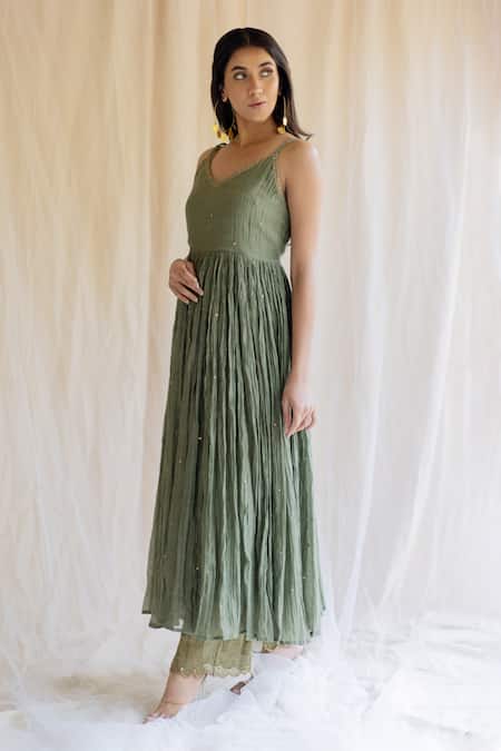 Buy Nirjara Green Kurta Silk Pant Tissue V Neck Anarkali And Set Online at Aza Fashions Buy_Nirjara_Green Kurta Silk Pant Tissue V Neck Anarkali And Set_Online_at_Aza_Fashions