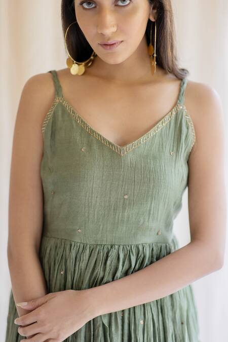 Shop Nirjara Green Kurta Silk Pant Tissue V Neck Anarkali And Set Online at Aza Fashions Shop_Nirjara_Green Kurta Silk Pant Tissue V Neck Anarkali And Set_Online_at_Aza_Fashions