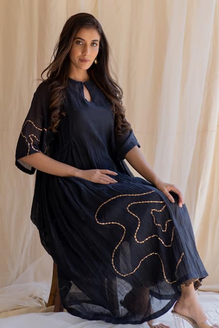 Buy_Nirjara_Black Kurta Silk Slip Mulmul Pant Tissue Embroidered Set _Online_at_Aza_Fashions