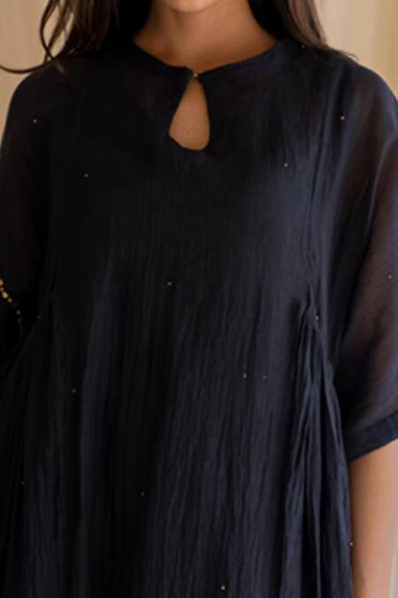 Nirjara_Black Kurta Silk Slip Mulmul Pant Tissue Embroidered Set _at_Aza_Fashions